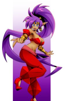 Rule 34 | 1girl, absurdres, andoryu anzuru, armband, bandeau, blue eyes, breasts, cleavage, dark-skinned female, dark skin, gold bracer, gold tiara, hair ornament, high ponytail, highres, large breasts, long hair, looking at viewer, o-ring, o-ring top, open mouth, pants, pointing, pointy ears, ponytail, purple hair, red armband, red bandeau, red pants, red shoes, shantae, shantae (series), shoes, smile, teeth, upper teeth only