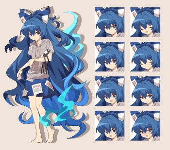 1girl 4rion :d :o absurdres bangle bare_legs barefoot blue_bow blue_eyes blue_fire blue_hair blue_skirt bow bracelet closed_mouth commentary_request cup drop_shadow fire grey_hoodie hair_between_eyes hair_bow half_updo highres holding holding_cup holding_stuffed_toy hood hood_down hoodie jewelry light_smile long_hair looking_at_viewer multiple_expressions open_mouth short_sleeves simple_background skirt smile solo standing stuffed_animal stuffed_cat stuffed_toy tachi-e tearing_up touhou v-shaped_eyebrows very_long_hair yorigami_shion