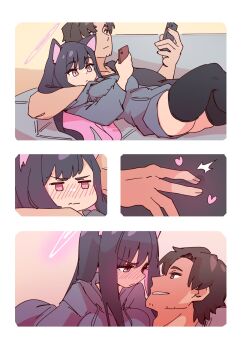 Rule 34 | 1boy, 1girl, alternate hairstyle, animal ears, black hair, black jacket, black thighhighs, blue archive, blush, breasts, brown eyes, brown hair, cat ears, cellphone, colored inner hair, halo, highres, jacket, kazusa (blue archive), large breasts, looking at phone, lying, mabufuyo, multicolored hair, nipple stimulation, phone, pink hair, pink halo, sensei (blue archive), sensei (blue archive the animation), short hair, skindentation, smartphone, thighhighs, thighs