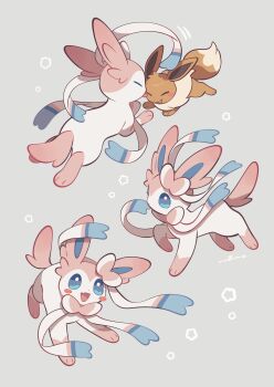 absurdres animal_focus blue_eyes blue_sclera blush bow brown_eyes brown_fur closed_eyes colored_sclera commentary eevee fang gen_1_pokemon gen_6_pokemon highres nintendo no_humans nullma open_mouth pink_fur pokemon pokemon_(creature) pokemon_focus ribbon simple_background skin_fang smile sylveon symbol-only_commentary two-tone_fur white_fur