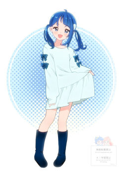 Rule 34 | 1girl, :d, ahoge, blue boots, blue bow, blue dress, blue eyes, blue hair, boots, bow, clothes lift, dress, dress lift, full body, hirogaru sky! precure, knee boots, kyanos (b 0000ff), lifting own clothes, long sleeves, looking at viewer, low twintails, medium hair, open mouth, precure, sleeve bow, sleeves past wrists, smile, solo, sora harewataru, standing, twintails, watermark, white background
