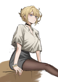1girl alternate_costume black_choker blonde_hair bracelet breasts brown_pantyhose choker cleavage commentary_request evelyn_chevalier grey_skirt hair_intakes jewelry large_breasts looking_at_viewer pantyhose purple_eyes shirt simple_background sitting skirt solo user_ssrr3783 white_background white_shirt zenless_zone_zero