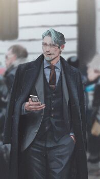 1boy absurdres black_coat black_vest blue_shirt cellphone challia_bull coat collared_shirt cowboy_shot facial_hair formal_clothes grey_beard grey_eyes grey_hair grey_pants grey_suit gundam gundam_gquuuuuux hand_in_pocket hayakuinnitte highres holding holding_phone male_focus mob_face mustache necktie pants phone red_necktie shirt smartphone solo standing suit swept_bangs vest