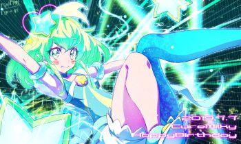 1girl :t antennae aqua_choker armpits back_bow blush_stickers bow character_name choker commentary_request cure_milky earrings electricity female_focus green_eyes green_hair hagoromo_lala hair_ornament hairband happy_birthday heart highres infinity_symbol jewelry jpeg_artifacts kyoutsuugengo looking_at_viewer magical_girl math physics pout precure see-through_clothes see-through_sleeves shoes shooting_star short_hair single_leg_pantyhose solo star-shaped_pupils star_(symbol) star_earrings star_hair_ornament star_in_eye star_twinkle_precure symbol-shaped_pupils symbol_in_eye v-shaped_eyebrows yellow_hairband