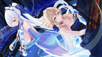 2girls abe_(nikke) absurdres bare_shoulders blonde_hair blue_dress blue_eyes bow_(music) breasts bridal_gauntlets chosmahe cinderella_(nikke) cleavage commentary dress glasses goddess_of_victory:_nikke grand_piano highres holding holding_bow_(music) holding_instrument holding_violin instrument large_breasts long_hair multiple_girls piano playing_violin red_eyes short_hair sideboob smile twintails very_long_hair violin white_dress white_hair