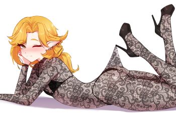 1girl ass black_bra black_panties black_pantyhose black_shoes blonde_hair blush bra breasts cgator closed_mouth commentary dokibird ear_piercing english_commentary high_heels highres indie_virtual_youtuber lace_pantyhose_hooked_on_heel_(meme) long_hair looking_at_viewer meme one_eye_closed panties pantyhose piercing pointy_ears shoes simple_background small_breasts smile solo underwear virtual_youtuber white_background