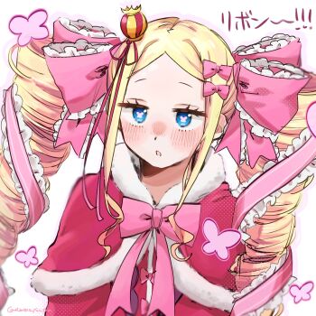 1girl ameno_yuusya beatrice_(re:zero) blonde_hair blue_eyes blush bow bug butterfly butterfly-shaped_pupils capelet commentary_request crown dress dress_bow drill_hair frilled_ribbon frills fur-trimmed_capelet fur_trim hair_bow hair_ribbon halftone highres insect jitome long_hair mini_crown open_mouth outline parted_bangs pink_bow pink_butterfly pink_outline pink_pupils pink_ribbon re:zero_kara_hajimeru_isekai_seikatsu red_capelet red_dress ribbon sidelocks signature solo symbol-shaped_pupils twin_drills upper_body white_background