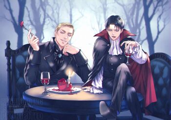 2boys absurdres ascot black_ascot black_cloak black_coat black_hair black_pants black_shirt black_shoes black_vest blonde_hair blurry blurry_background candle chair chalice cloak coat collared_shirt crossed_legs cup erwin_smith fangs fork furrowed_brow grin halloween head_on_hand heart highres holding holding_cup holding_fork levi_(shingeki_no_kyojin) male_focus mskei multiple_boys pants parted_bangs popped_collar shingeki_no_kyojin shirt shoes sitting smile swept_bangs table teeth thick_eyebrows tongue tongue_out tree vampire vest waistcoat white_ascot white_shirt