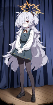 1girl black_eyes black_pantyhose black_shoes blue_archive blush bright_pupils brown_eyes brown_ribbon buttons closed_mouth collared_shirt commentary curtains diagonal-striped_ribbon double-breasted dress eyeball_hair_ornament full_body green_dress grey_hair hair_over_one_eye halo highres indoors kanoe_(blue_archive) loafers long_bangs long_hair long_sleeves looking_at_viewer multicolored_eyes neck_ribbon one_eye_covered orange_halo own_hands_together pantyhose pinafore_dress puffy_long_sleeves puffy_sleeves ribbon school_uniform shadow shirt shoes short_dress sleeveless sleeveless_dress smile solo spiked_hair split_mouth stage standing two-tone_eyes two_side_up very_long_hair welchsbinn white_pupils white_shirt wooden_floor