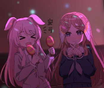 Rule 34 | > <, 2girls, animal ears, artist request, bang dream!, bang dream! it's mygo!!!!!, blue eyes, blush, brown hair, chihaya anon, chinese commentary, chinese text, closed mouth, commentary request, commission, dog ears, dog girl, fang, haneoka school uniform, highres, kemonomimi mode, long hair, multiple girls, nagasaki soyo, open mouth, pink hair, school uniform, second-party source, translation request, tsukinomori school uniform, x fingers