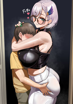 1boy 1girl age_difference ass blush braid braided_bangs breast_press breasts cropped_shirt faceless faceless_male feather_hair_ornament feathers glasses grabbing_another's_ass green_eyes green_nails groping hair_behind_ear hair_ornament heart heart-shaped_pupils hetero highres hololive hololive_indonesia hug large_breasts looking_at_viewer midriff neige_(pixiv6850453) official_alternate_costume official_alternate_hair_length official_alternate_hairstyle onee-shota open_door pants parted_lips pavolia_reine pavolia_reine_(indonesian_casual) round_eyewear shiny_skin short_hair shota solo_focus standing sweat symbol-shaped_pupils virtual_youtuber white_hair white_pants