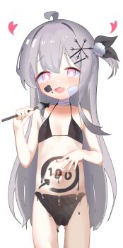 1girl absurdres ahoge bandaged_neck bandages bandaid bandaid_on_face bikini bikini_top_only black_bikini bodypaint dorusan_02 fang grey_hair hair_ornament highres loli long_hair looking_at_viewer navel one_side_up open_mouth original paint_on_body painted_clothes pink_eyes pussy simple_background skin_fang snowflake_hair_ornament solo swimsuit white_background
