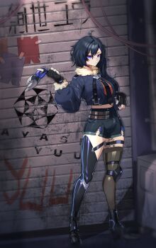 1girl absurdres ahoge ayase_yuu black_boots black_gloves black_hair black_necktie black_shorts blue_eyes boots character_name closed_mouth commentary commission cosplay cropped_jacket fingerless_gloves gloves high-waist_shorts highres jane_doe_(zenless_zone_zero) jane_doe_(zenless_zone_zero)_(cosplay) langssi leg_tattoo necktie phase_connect second-party_source short_hair shorts solo tattoo thighhighs virtual_youtuber