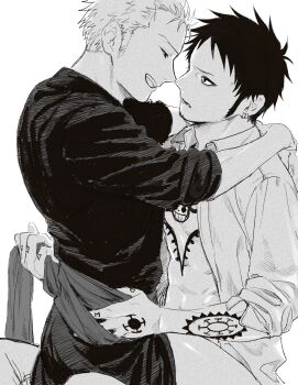 2boys 53_(kanimisomrmr) arm_tattoo chest_tattoo commentary_request earrings greyscale grin highres hug jewelry long_sleeves looking_at_another male_focus monochrome multiple_boys one_piece open_clothes open_shirt parted_lips roronoa_zoro short_hair sideburns simple_background sitting smile straddling tattoo trafalgar_law white_background yaoi