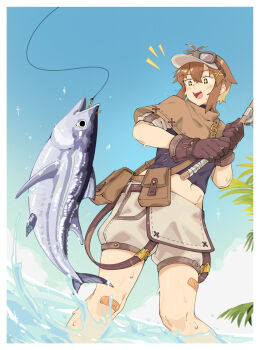 +_+ 1girl :d black_eyes black_vest blue_sky blush border brown_capelet brown_gloves brown_hair capelet commentary_request day feet_out_of_frame fish fishing fishing_rod fukana_miyu_(kokuya28) gloves goggles goggles_on_head grey_shorts hair_ornament highres holding holding_fishing_rod kokuya_(kokuya28) midriff navel notice_lines open_mouth original outdoors pouch shirt short_hair shorts sky smile solo standing vest visor_cap white_border white_shirt x_hair_ornament
