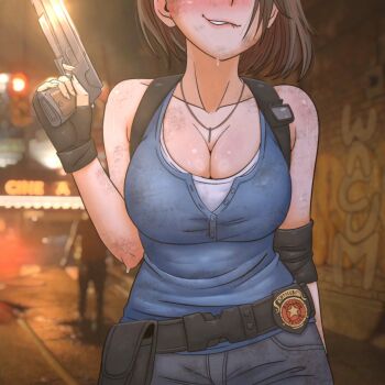 Rule 34 | 1girl, belt, black gloves, blue shirt, blush, breasts, brown hair, cleavage, dirty, dirty clothes, elbow pads, fingerless gloves, gloves, gun, handgun, highres, holding, holding gun, holding weapon, jewelry, jill valentine, necklace, parted lips, police badge, resident evil, resident evil 3: nemesis, resident evil 3 (remake), screenshot background, shirt, single elbow pad, smirk, sweat, wacum, weapon