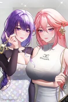 Rule 34 | 2girls, absurdres, alternate costume, arm under breasts, bag, blunt bangs, bra visible through clothes, breasts, cleavage, commentary, contemporary, dress, english commentary, genshin impact, hair ornament, halterneck, handbag, highres, jewelry, large breasts, lips, looking at viewer, mole, multiple girls, pink hair, pink lips, purple eyes, purple hair, raiden shogun, renberry77, upper body, yae miko