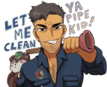 1boy animal bara black_eyes blue_shirt breast_pocket brown_hair ear_piercing english_text facing_viewer fairytale_police_hoe_department green_headwear holding_plunger idoraad janitor looking_at_viewer male_focus naughty_face pectoral_cleavage pectorals piercing plunger pocket richard_niaste shirt short_hair tan teeth transparent_background upper_body