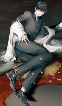 1boy absurdres black_eyes black_hair black_shirt coat coat_partially_removed coin colored_skin full_body gold_coin hand_on_own_leg highres holding holding_phone kim_dokja knees_together_feet_apart kyou_tayaoi looking_at_viewer male_focus omniscient_reader&#039;s_viewpoint open_clothes open_coat partially_submerged phone ripples rug shirt short_hair solo string_around_ankle water white_coat