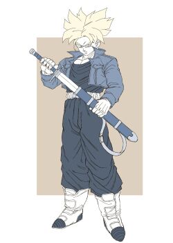 1boy blonde_hair dragon_ball highres looking_at_viewer pectorals serious solo spiked_hair super_saiyan sword trunks_(dragon_ball) trunks_(future)_(dragon_ball) weapon