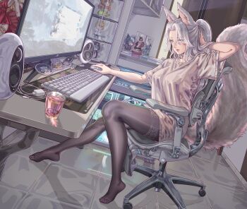 Rule 34 | 1girl, absurdres, animal ears, black pantyhose, blue eyes, breasts, chair, commission, desk, desktop (computing), drink, feet, figure, fox ears, fox girl, fox tail, highres, large breasts, leveen, long hair, office chair, original, otaku room, pantyhose, ponytail, second-party source, see-through clothes, shirt, sitting, solo, swivel chair, tail, white hair, white shirt