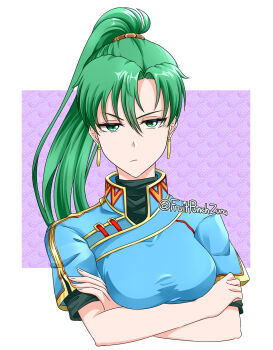 1girl arms_under_breasts blue_dress breasts closed_mouth crossed_arms dress earrings fire_emblem fire_emblem:_the_blazing_blade fruitpunchzura green_eyes green_hair hair_ornament high_ponytail highres jewelry long_hair looking_at_viewer lyn_(fire_emblem) medium_breasts nintendo ponytail short_sleeves simple_background solo upper_body very_long_hair