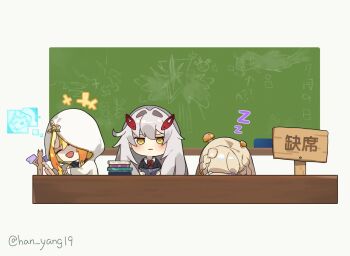 4girls artist_name black_shirt blonde_hair book book_stack chalkboard chibi closed_eyes eye_hair_ornament eye_symbol genshin_impact han_yang19 highres hologram hood istaroth_(genshin_impact) looking_at_viewer multiple_girls mushroom_on_head naberius_(genshin_impact) rhinedottir_(genshin_impact) ronova_(genshin_impact) shirt sleeping translation_request twitter_username white_hair white_hood yellow_eyes zzz