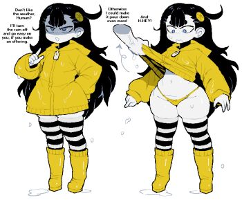 1girl 1other black_hair blue_eyes boots cibastion commentary dizzyspells english_commentary english_text freckles hair_ornament highres loli long_hair original panties puddle pulling_another&#039;s_clothes raincoat side_ahoge standing striped_clothes striped_thighhighs thick_thighs thighhighs thighs underwear white_background yellow_boots yellow_panties yellow_raincoat zipper