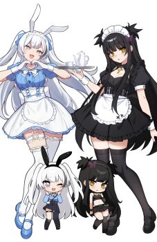 Rule 34 | 2girls, alternate costume, animal bag, animal ear hairband, animal ears, apron, black dress, black hair, black hairband, black lips, blue eyes, blush, breasts, bright pupils, butterfly hair ornament, chibi, choker, commentary, cross, cross choker, cup, double-parted bangs, dress, english commentary, enmaided, fake animal ears, fang, fishnet sleeves, fishnets, frilled apron, frilled dress, frills, gloves, goth fashion, goth girl and the jock, grey streaks, hair ornament, hairband, heart, heart hands, highres, holding, holding tray, indie virtual youtuber, juliet sleeves, large breasts, long hair, long sleeves, looking at viewer, maid, maid apron, maid headdress, merryweather, mole, mole under mouth, multicolored eyes, multicolored hair, multiple girls, open mouth, ophelia (merryweather), original, puffy short sleeves, puffy sleeves, rabbit bag, rabbit ear hairband, rabbit ears, ryuuxin, sally sinclair, short sleeves, sideboob, simple background, single hair streak, smile, streaked hair, tea, teacup, teapot, thighhighs, tray, twintails, two-tone eyes, unconventional maid, waist apron, white apron, white gloves, white hair, white pupils, wrist cuffs, yellow eyes