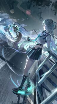 1girl absurdres aqua_necktie black_shoes black_skirt black_socks blonde_hair braid breasts chinese_commentary commentary_request dutch_angle earrings from_side gradient_hair green_hair hair_ornament headphones headphones_around_neck highres holding holding_spray_can huqu_(huqu45712) id_card jewelry long_hair lynae_(wuthering_waves) medium_breasts motor_vehicle motorcycle multicolored_hair necktie shirt shirt_tucked_in shoes skirt skull_hair_ornament socks solo spray_can star_(symbol) star_earrings white_shirt wuthering_waves