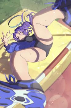 absurdres black_buruma black_shirt blue_archive blue_jacket blush breasts buruma commentary_request drop_shadow halo highres jacket long_hair matsumoto_yutaka mechanical_halo ponytail purple_eyes purple_hair shirt shoes sneakers solo star_(symbol) star_sticker sticker sticker_on_face thighs yuuka_(blue_archive) yuuka_(track)_(blue_archive)