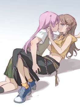 2girls absurdres bang_dream! bang_dream!_it's_mygo!!!!! black_skirt blue_shoes braid breasts brown_hair brown_sweater_vest chihaya_anon chinese_commentary commentary_request ear_piercing eye_contact green_skirt hair_ornament hairclip haneoka_school_uniform highres long_hair looking_at_another medium_breasts midriff multiple_girls nagasaki_soyo navel piercing pink_hair school_uniform shirt shoes side_braids skirt socks sweater_vest was775 white_shirt yellow_socks yuri