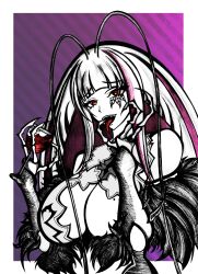 Rule 34 | 1girl, alcohol, antenna hair, breasts, cup, drinking glass, huge breasts, long hair, mole, mole on breast, monster girl, open mouth, sketch, tongue, tongue out, touhou, wine, wine glass