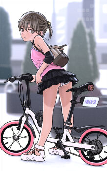 1girl ass backpack bag bare_legs bare_shoulders bicycle black_skirt blurry blurry_background brown_eyes brown_hair day elbow_pads expressionless female_focus folding_bicycle frilled_skirt frills from_behind full_body halftone highres leaning_forward loli looking_at_viewer looking_back miniskirt original outdoors panties pantyshot parted_lips pink_shirt ponytail rustle shirt short_hair short_ponytail skirt sleeveless sleeveless_shirt solo spaghetti_strap standing underwear white_footwear white_panties
