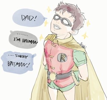 1boy artist_name asahi_(12jyaaji) batman_(series) bodysuit cape child colored_pencil_(medium) commentary_request cowboy_shot dc_comics dick_grayson domino_mask english_text eye_mask gloves green_gloves green_shorts highres looking_up male_focus mask robin_(dc) shorts solo star_(symbol) superhero_costume teeth traditional_media yellow_cape