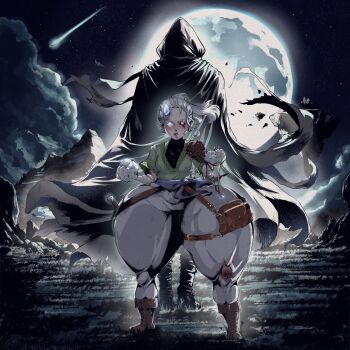 1girl absurdres armor bad_anatomy bandages before_the_dawn_(series) blue_sash boots breasts burnt_clothes clenched_hands cloak cloud earrings elizabeth_achenus_kris fantasy floating_island full_body full_moon glowing glowing_eyes grass green_tunic highres holding horns injury jewelry kepler_pigment large_hands leotard long_hair looking_at_viewer mature_female moon mountain multicolored_eyes necklace night night_sky non-web_source official_art original outdoors pale_skin pauldrons pouch sash scenery shooting_star short_sword shortstack shoulder_armor single_horn single_pauldron sky skyland small_breasts soulstone_amulet standing star_(sky) starry_sky sword theo_kris_(artist) thick_lips thick_thighs thighs tunic weapon white_hair wide_hips