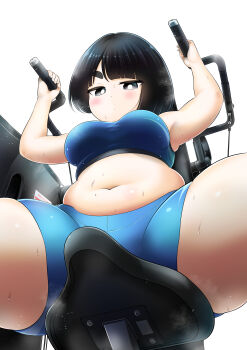 1girl absurdres big_mukimuki_&amp;_small_muchimuchi black_eyes black_hair blunt_bangs blush breasts closed_mouth commentary_request dot_mouth dot_nose exercising highres hinoharaf_(14310486) looking_at_viewer medium_breasts medium_hair mole mole_on_stomach navel plump solo sports_bra spread_legs sweat thick_arms thick_eyebrows thick_thighs thighs white_background