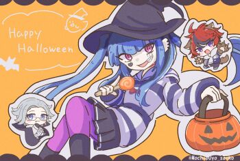 1girl 2boys ahoge amemiya_darumi animal_ears aotsuki_eito black_cape black_gloves black_hair black_skirt black_streaks blue_eyes blue_hair bow bucket candy cape chibi commentary_request ear_piercing facial_mark fang food glasses gloves grey_hair halloween halloween_bucket halloween_costume happy_halloween hat heart heart_facial_mark highres holding holding_bucket holding_candy holding_food holding_lollipop jacket kemonomimi_mode letterboxed lollipop long_hair looking_at_viewer makeup mitsuba_tarou multicolored_hair multiple_boys outline pantyhose piercing pink_eyes pink_pantyhose red_bow red_hair sailor_collar shirt short_hair skirt smile streaked_hair striped_clothes striped_shirt sumino_takumi tail the_hundred_line_-last_defense_academy- twintails twitter_username white_jacket white_outline white_sailor_collar witch_hat wolf_boy wolf_ears wolf_paws wolf_tail