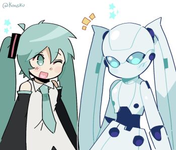 2girls aqua_eyes aqua_hair aqua_necktie black_sleeves blue_eyes detached_sleeves drossel_von_flugel fireball_(series) grey_shirt hatsune_miku humanoid_robot joints koasku long_hair look-alike mechanical_hair multiple_girls necktie no_mouth robot robot_girl robot_joints shirt twintails vocaloid