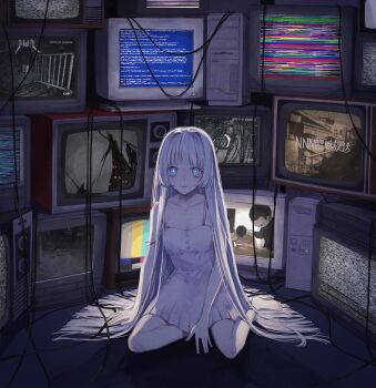 1girl absurdres barefoot blank_room_soup blue_eyes blue_screen_of_death bright_pupils broken_glass broken_screen computer cpu crt dress glass highres kotobuki_nashiko long_hair original pleated_dress screen_light sitting solo static strap_slip television test_card the_ring very_long_hair white_dress white_hair white_pupils