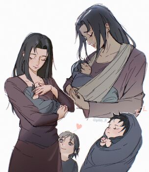 1girl 2boys aged_down baby black_hair blue_shirt brothers carrying carrying_person closed_mouth collarbone commentary dress english_commentary family from_side gelley_j0 hair_between_eyes hand_on_another&#039;s_head happy head_tilt heart highres light_blush long_hair long_sleeves looking_up mother_and_child mother_and_son motherly multiple_boys naruto_(series) naruto_shippuuden parted_bangs pink_lips red_dress shirt short_hair siblings sleeping twitter_username uchiha_itachi uchiha_mikoto uchiha_sasuke white_background wrapped_in_blanket