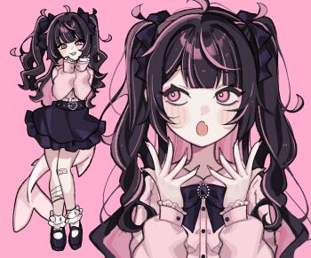 1boy :3 :o bandaged_leg bandages bandaid bandaid_on_knee bandaid_on_leg black_hair black_ribbon black_shoes black_skirt crossdressing crossdressing_(mtf) fang fins fish_tail hands_up highres indie_virtual_youtuber jirai_kei long_hair long_sleeves looking_at_viewer looking_to_the_side male_focus miniskirt moenaomii moenaomii_(artist) multicolored_hair multiple_views neck_ribbon open_mouth pink_background pink_nails pink_shirt ribbon shark_tail shirt shoes simple_background skin_fang skirt smile standing tail trap twintails virtual_youtuber