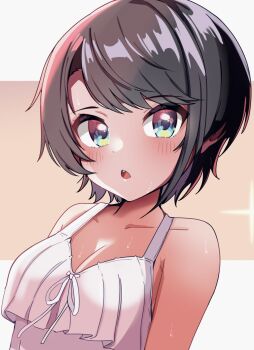 1girl black_hair blush breasts brown_hair cleavage collarbone commentary_request denebudd dress highres hololive looking_at_viewer medium_breasts oozora_subaru open_mouth short_hair simple_background sleeveless solo summer sundress sweat swept_bangs upper_body virtual_youtuber