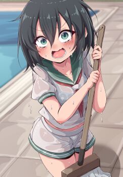 1girl black_bra black_hair blush bra bra_visible_through_clothes broom collarbone commentary_request cowboy_shot day embarrassed green_eyes green_sailor_collar hair_between_eyes highres holding holding_broom looking_at_viewer midriff_peek murasa_minamitsu navel neckerchief open_mouth outdoors poolside puffy_short_sleeves puffy_sleeves red_neckerchief sailor_collar sailor_shirt see-through_clothes see-through_shirt shirt short_hair short_shorts short_sleeves shorts siw0n solo standing textless_version touhou underwear wet wet_clothes wet_shirt wet_shorts white_shirt white_shorts