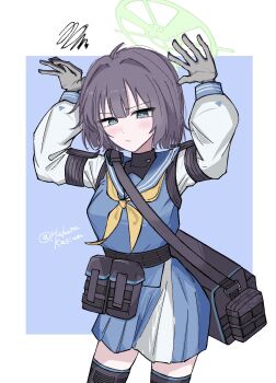 Rule 34 | 1girl, :/, bag, belt pouch, black gloves, blue archive, blue eyes, blue sailor collar, blue shirt, blue skirt, blush, breasts, closed mouth, commentary request, gloves, green halo, halo, highres, hukuro kasiwa, long sleeves, medium breasts, miniskirt, neckerchief, no headwear, pleated skirt, pouch, purple hair, rabbit pose, sailor collar, saki (blue archive), school uniform, serafuku, shirt, short hair, skirt, solo, undershirt, white shirt, yellow neckerchief