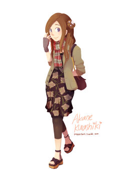 Rule 34 | 1girl, alternate costume, arm behind back, bag, blush, blush stickers, brown bag, brown dress, brown gloves, brown hair, brown pants, character name, closed mouth, commentary, dress, english commentary, eyelashes, fingerless gloves, floral print, floral print dress, full body, gloves, green jacket, hair bun, handbag, heart, highres, jacket, kurashiki akane, kyokugen dasshutsu, kyokugen dasshutsu: 9 jikan 9 nin 9 no tobira, long hair, open clothes, open jacket, pants, pants under dress, peppertart, plaid clothes, plaid scarf, print dress, purple eyes, sandals, scarf, simple background, single side bun, smile, solo, tumblr username, watermark, web address, white background