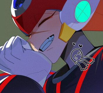 Rule 34 | 1boy, adversarial noise, armor, axl (mega man), black armor, close-up, closed eyes, cross scar, forehead jewel, helmet, male focus, mega man (series), mega man x (series), red helmet, scar, scar on face, simple background, solo, wawadochi