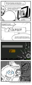 2boys 3girls 4koma ahoge animated animated_gif armor arrow_(symbol) aura beard buffering censored character_request comic commander_(girls'_frontline) commentary computer copyright_request dual_persona english_commentary english_text eyewear_on_head facial_hair game_screenshot girls'_frontline highres censored_identity iws_2000_(girls'_frontline) kalina_(girls'_frontline) laptop loading_screen long_hair madcore monochrome multiple_boys multiple_girls mustache short_hair sparkle symbol-shaped_pupils television