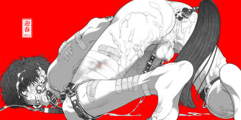 1boy 2014 anal anal_beads anal_object_insertion anal_tail arms_behind_back bandaged_leg bandages bandaid bandaid_on_arm bandaid_on_foot bandaid_on_leg bandaid_on_thigh bdsm bondage bound butt_plug clenched_teeth cock_ring commentary_request cum cum_in_ass cum_on_ass cum_on_body cum_on_floor cum_on_hair cum_on_legs cum_string eye_mask facial fake_tail feet gauze_on_arm greyscale greyscale_with_colored_background half-erect highres honya_lala invisible_floor male_focus mask monochrome object_insertion original penis red_background sex_toy short_hair simple_background soles solo tail teeth testicles thighs too_many_bandaids top-down_bottom-up yaoi
