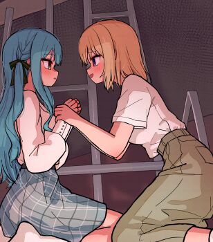 Rule 34 | 2girls, absurdres, bang dream!, bang dream! it's mygo!!!!!, black ribbon, blonde hair, blue hair, blush, brown skirt, commentary request, grey skirt, hair ribbon, highres, holding another's wrist, holding hands, indoors, jin (jinkwon1147), kneeling, long hair, long sleeves, medium hair, misumi uika, multiple girls, open mouth, parted lips, partial commentary, plaid clothes, plaid skirt, purple eyes, ribbon, seiza, shirt, short sleeves, sitting, skirt, smile, togawa sakiko, two side up, white shirt, yellow eyes, yuri